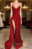 Red Sequins Prom Dress with Slit Shiny Floor-Length Party Dress
