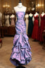 Aesthetic Mermaid Strapless Neckline Grape Taffeta Prom Dresses Ruffle Long Prom Dresses