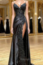 Amazing Long Black V-neck Spaghetti Straps Lace Sleeveless Prom Dresses Long Slit Online