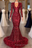 Amazing Sequins V-neck Long Sleeve Mermaid Prom Dresses