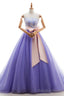 Appliques Long Purple Tulle Lace Prom Dress With Belt