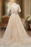 Appliques Tulle Lace Light Champagne Long Prom Dresses
