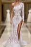Asymmetrical Mermaid High Split One Shoulder Floor Length Long Sleeve Appliques Lace Prom Dresses