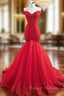 At Great Prices Red Mermaid Tulle Off the Shoulder Handwork Prom Dress