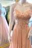 Simple Pink A Line Lace Appliques Chiffon Long Prom Dress