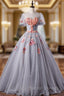 Available In Sizes 0-24 Gray Ball Gown Tulle Appliques Short Sleeve Quinceanera Dress