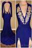 royal blue long sleeve prom dresses cheap gold beads mermaid Prom dress with slit
