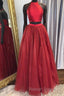 Back Two Piece Halter Sparkle Lace-Up Red Long Prom Dresses