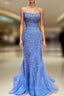 Backless Blue Lace Prom Dresses, Open Back Blue Lace Formal Graduation Dresses