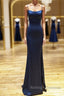 Backless Dark Navy Blue Long Prom Dresses, Dark Navy Blue Formal Graduation Evening Dresses