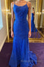 Backless Mermaid Blue Lace Tulle Long Prom Dress, Mermaid Blue Formal Dress, Blue Lace Evening Dress