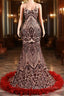 Backless Sequins Mermaid Prom Dresses Burgundy Prom Prom Dresses with Feather Chapel Train