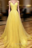 Backless Yellow Tulle Long Formal Prom Dresses, Open Back Yellow Tulle Long Prom Dresses
