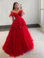 Ball Gowns Off-the-Shoulder Sweep Train Tulle Prom Dresses With Flower