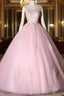 Ball Gown Pink V-Neck Prom Dress Tulle Applique Long Evening Dress