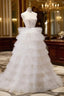 Ball-Gown/Princess Tulle White Long Prom Dresses With Beading Flower Cascading Ruffles