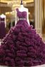 Ball Gown Purple One Shoulder Tulle Ruffle Crystal Wedding Dress