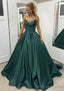 Ball Gown Sleeveless Scalloped Neck Sweep Train Satin Prom Dresses With Pleated Pockets