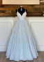 Ball Gown Sleeveless V Neck Long Dress Floor Length Sequined Sparkling Prom Dress With Pleated