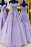 Ball Gown Strapless Purple Violet Prom Dresses Lace Long Prom Gown