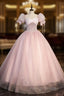 Ball-Gown Tulle Pink Sweetheart Floor-Length Graduation Birthday Party Dress with Sequined