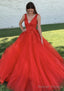 Ball Gown V Neck Court Train Lace Tulle Prom Dress With Appliqued Beading