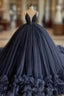 Ball Gown V Neck Tulle Black Wedding Dress Spaghetti Straps Prom Dresses