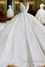 Ball Gown V Neck Wide Strap Short Train Tulle Applique Wedding Dresses