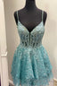 Turquoise Straps Deep V Neck Appliques A Line Multi-Layers Homecoming Dress