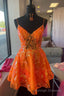Orange A Line V Neck Straps Sequins-Embroidered Homecoming Dress