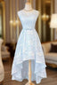 Bateau Sleeveless Asymmetrical A Line Lace Prom Dress With Waistband Bowknot
