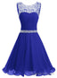 Beaded Chiffon Round Neckline Short Prom Dress, Blue Chiffon Homecoming Dresses