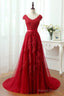 Beading Lace Tulle Long Red V Neck Appliques Prom Dress