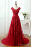 Beading Lace Tulle Long Red V Neck Appliques Prom Dresses
