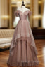 Bean Paste Color Tulle Off the Shoulder Beading Prom Dress