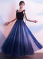 Beautiful Blue Gradient Tulle And Velvet Long Straps Prom Dress, Blue Evening Dresses