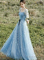 Beautiful Blue Short Sleeves A-Line Beaded Tulle Prom Dresses Blue Prom Dress