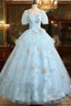 Beautiful Blue Tulle Short Sleeves Sweet 16 Dresses With Bow Blue Prom Gown