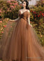 Beautiful Champagne Tulle Straps Long Formal Gown, Tulle Party Dresses Evening Dresses