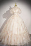 Beautiful Floral Tulle Long Prom Dresses Champagne Short Sleeve Prom Dresses