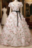 Beautiful Flowers Ball Gown Long Party Dress, Short Sleeves Prom Dress