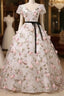 Beautiful Flowers Ball Gown Long Prom Dresses Short Sleeves Prom Dresses