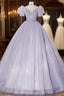 Beautiful Light Blue Tulle Sequins Prom Dresses Scoop Neck Short Sleeve Puffy Floor-Length Prom Dresses
