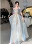 Beautiful Light Blue V-Neckline Long Lace Applique Prom Dresses Blue Prom Gowns
