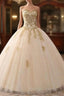 Beautiful Light Champagne Ball Gown Party Dress, Sweet 16 Dress With Gold Applique