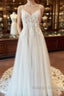 Beautiful Long A Line Backless Tulle Wedding Dress with Appliques Lace