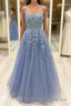 Beautiful Long A-line Scoop Neck Tulle Lace Formal Prom Dresses