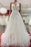Beautiful Long A Line Strapless Tulle Ivory Wedding Dresses with Appliques Lace