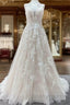Beautiful Long A Line Tulle Lace V Neck Open Back Wedding Dress