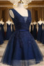 Beautiful Navy Blue Knee Length Homecoming Dress V-Neckline Short Prom Dress